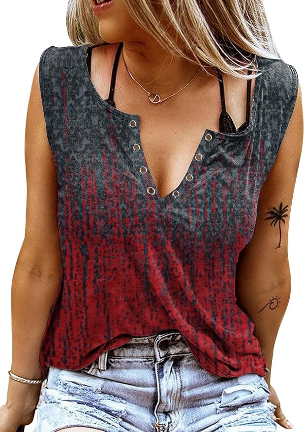 ETCYY Sleeveless V Neck Tank Tops for Women Loose Fit Causal Summer Tie Dye Country Music Ring Hole Floral Printed T Shirt