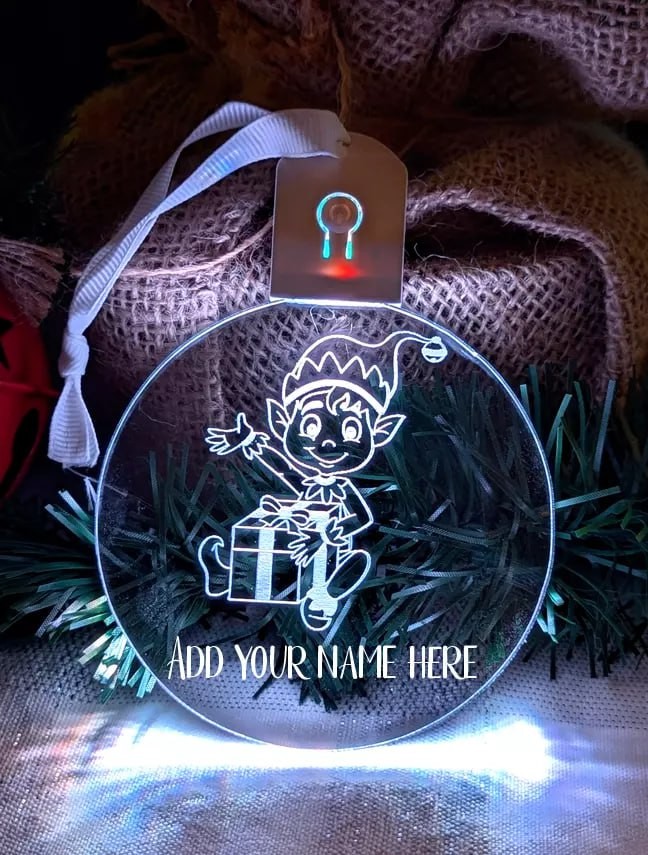 Christmas Elf Personalised Name Bauble LED Light Hanging Tree Decoration