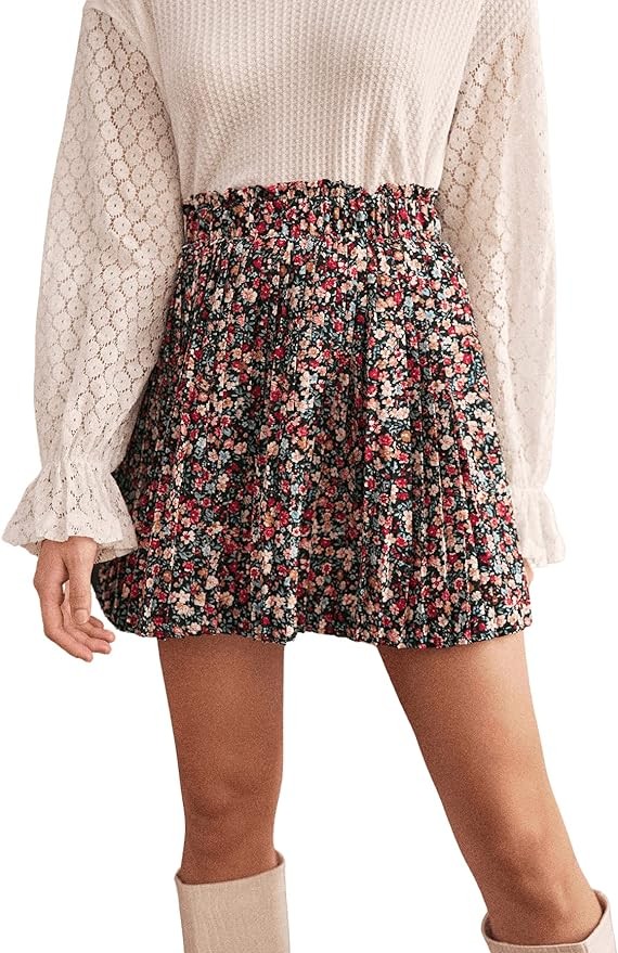 SweatyRocks Women's High Waist Mini Pleated Skater Skirt Flared A-Line Floral Short Skirt