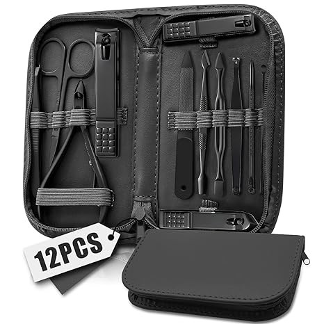 Manicure Set Nail Clipper Kit Pedicure Manicure Kit 12 In 1 Professional Pedicure Set Women Mens Personal Care Set with Travel Case Black