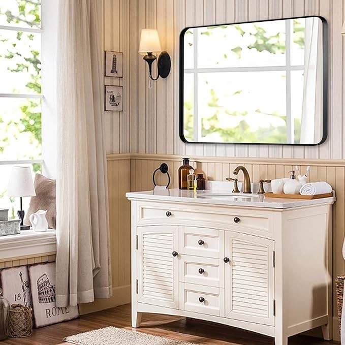 22x30 Inch Rectangle Bathroom Mirror, Brushed Black Vanity Mirrors for Wall, Metal Frame Wall Mirror, Mirror with Round Corner for Bedrooms, Entryways, Living Rooms, Horizontal/Vertical