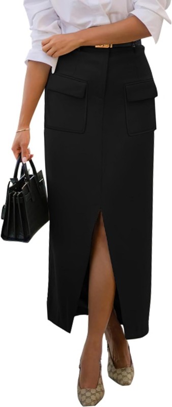 KIRUNDO Women's High Waisted Cargo Midi Skirt Trendy Summer Pencil Slit Dressy Casual Business Work Skirts with Pockets