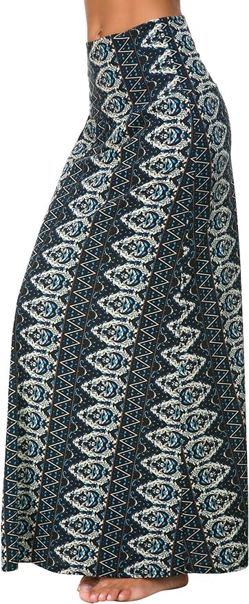 EXCHIC Women's Bohemian Style Print/Solid Elastic Waist Long Maxi Skirt