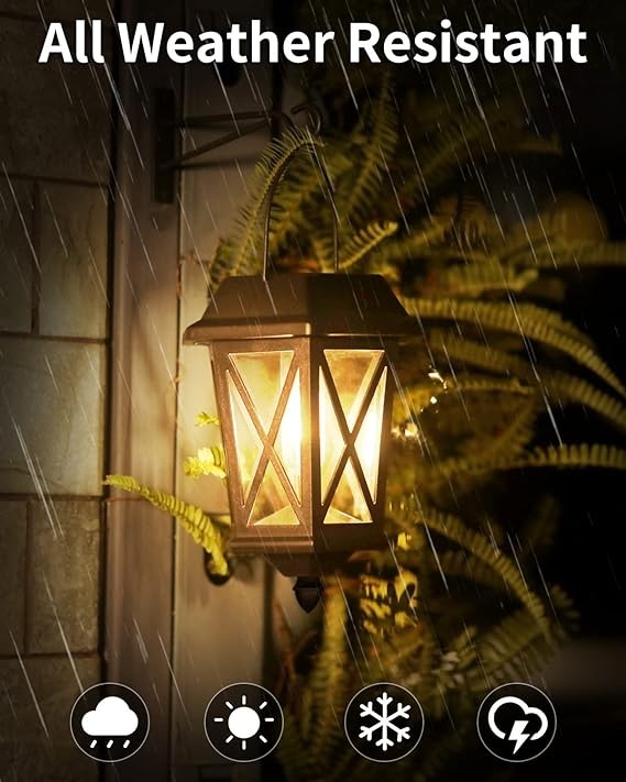 TEKLAPS Solar Lantern Outdoor Hanging Solar Lights, Waterproof Metal Solar Lights Outdoor with Clear Glass, LED Solar Powered Lights Wall Mount for Yard Garden Wall Outdoor, Black - 2 Pack