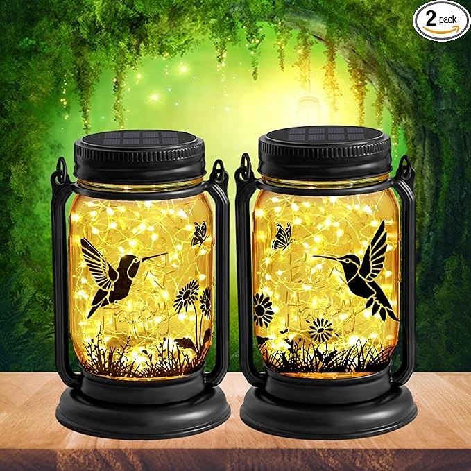 2 Pack Outdoor Hanging Solar Lanterns, Hummingbird Theme Vintage Glass Mason Jar Solar Fairy Lights, Gifts for Mom, Grandma, Women, Waterproof Garden Lights for Patio Yard Lawn Tree Party Decor