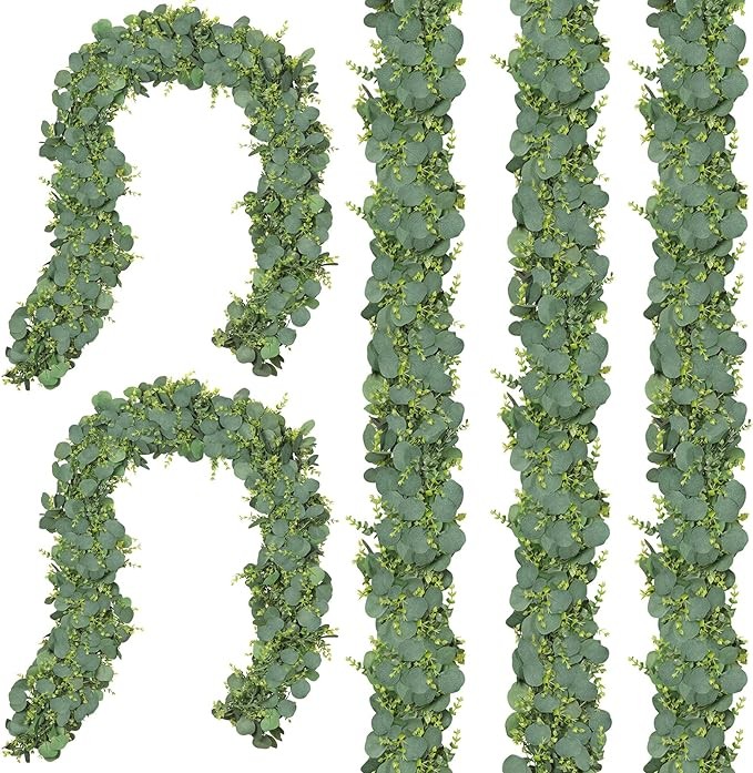 CQURE 5Pcs Eucalyptus Garland,Artificial Eucalyptus Leaves Table Greenery Garland Wreath Vines for Wedding Party Table Fireplace Bedroom Wall Room Decor