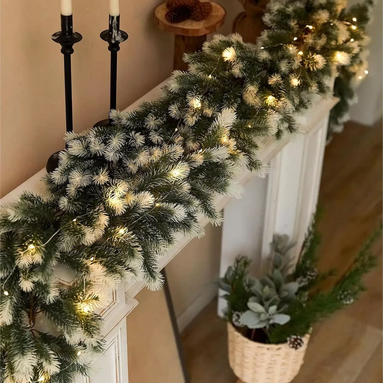 Christmas White Green Garland with Lights Holiday Decorations Garland Wreath