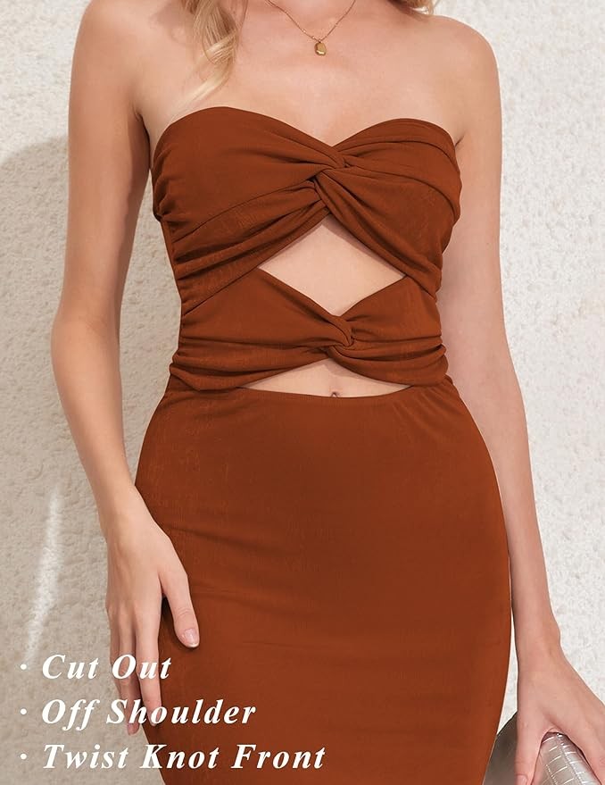 ZAFUL Women's Midi Dresses Off Shoulder Bodycon Twist Knot Front Cut Out Sleeveless Party Club Night Out Bandeau Tube Dress