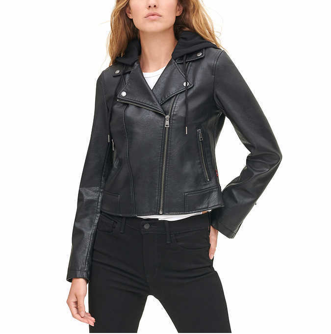 Levi's Faux Leather Hooded Midweight Motorcycle Jacket Black Small