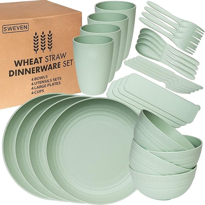 Wheat Straw Dinnerware Sets | Unbreakable Dinnerware Sets | Dishwasher Microwave Safe Dinnerware | Eco Friendly Non Breakable Dinnerware Sets | RV Outdoor Camping (Green, Service for 4 (28 pcs))