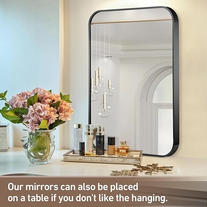 FARMER 20x28 Inch Rectangle Bathroom Mirror, Brushed Black Vanity Mirrors for Wall, Metal Frame Wall Mirror, Vanity Mirror with Round Corner for Bedrooms, Entryways, Living Rooms, Horizontal/Vertical