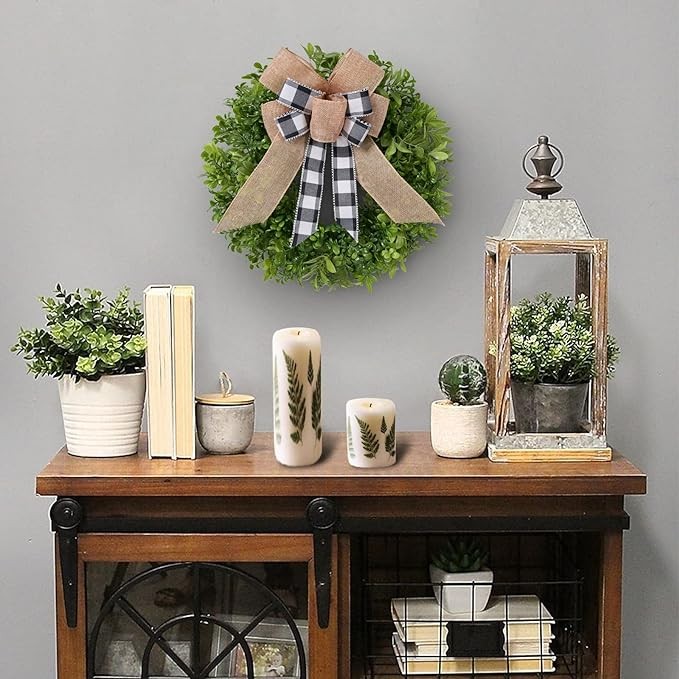 Boxwood Spring Wreath for Front Door,Farmhouse Spring Summer Wreath Decoration,Buffalo Plaid Decor, Artificial Faux Green Spring Outdoor Porch Decor,Wall Decor 18inch