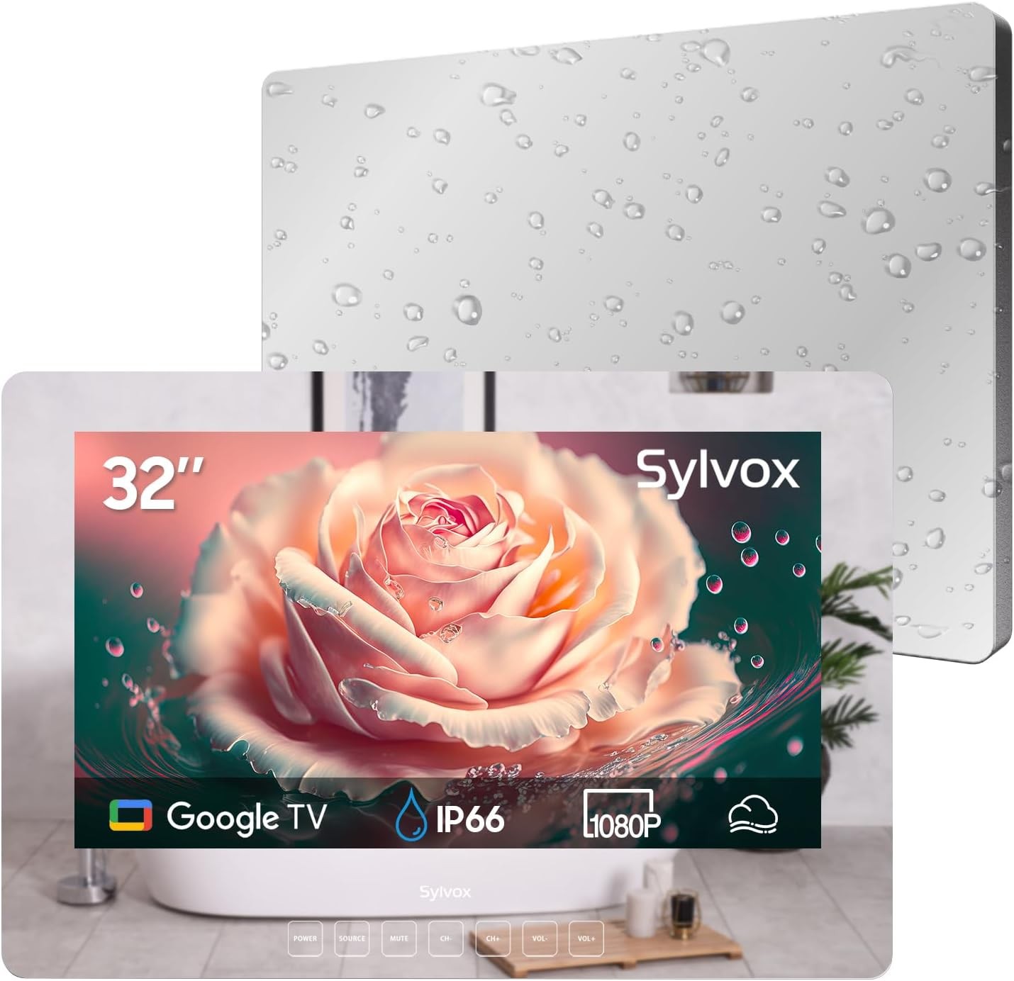 SYLVOX 32'' Smart Waterproof TV, Magic Mirror TV for Bathroom, 1080P, Bass Boost, IP66, Anti-Fog, Built-in APP Store, and Voice Assistant (On Wall Model)