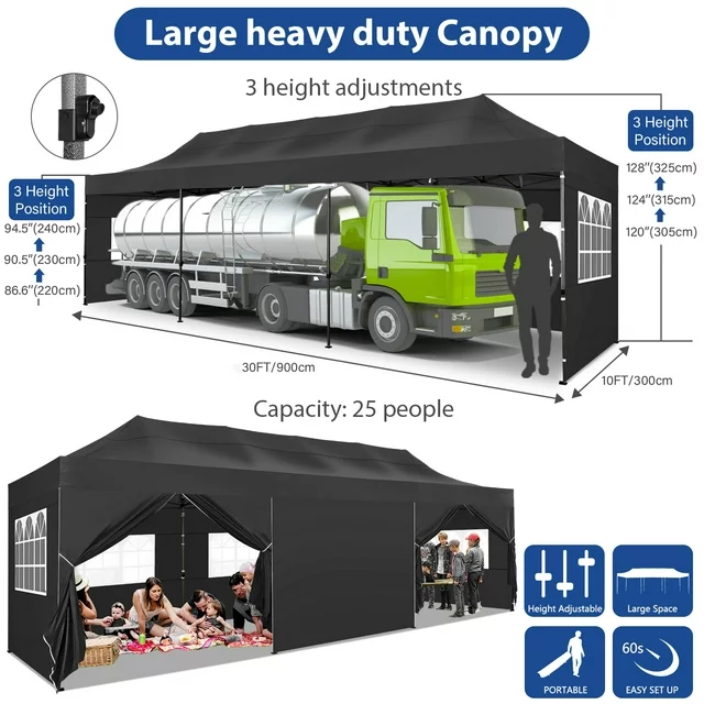 SANOPY 10'x30' Canopy Heavy Duty Pop up Canopy Tent Outdoor Gazebo Shelter Portable Instant Commercial Wedding Party Tent with 8 Removable Sidewalls&3 Heigh Adjustable&Roller Bag,Black
