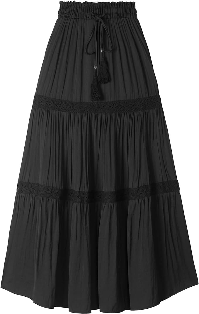 MARCSONNIA Women's Elastic High Waist Pleated Maxi Skirts Boho Summer Tiered Drawstring Skirt Bohemian Long Ruffle Dress