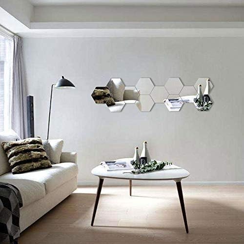 Mirror Wall Stickers, 12PCS Hexagon Mirror Art DIY Home Decorative Hexagonal Acrylic Wall Sheet Plastic Tiles Home Living Room Bedroom Sofa TV Background Wall Decal Decoration (Silver)