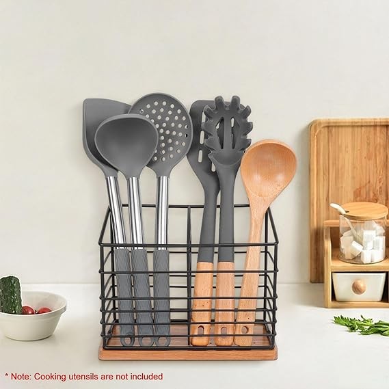 Jeasor Utensil Holder for Kitchen Counter, Metal Utensil Holder Rack for Kitchen Countertop, Cooking Tools Storage for Spatula, Utensil Organizer with Sturdy Base, and Drainage Hole (Black Wooden)