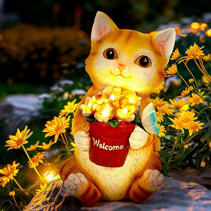GIGALUMI Solar Garden Statues Cute Cat Figurine Lights for Outside, Garden Decor Yard Decorations Outdoor Cat Gifts for Cat Lovers, Housewarming Gifts for Women and Mom