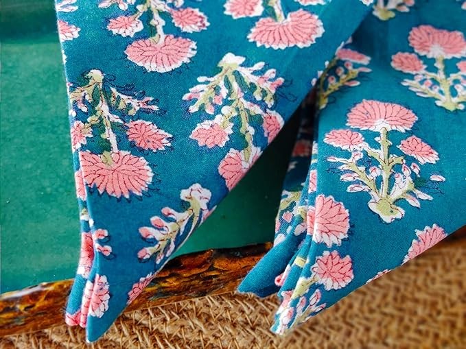 Craftbot Cotton Print Napkins 18x18 inches - Washable Cloth Dinner Napkins Set of 6 - Everyday Use or Dinner Party and Events - Teal Indian Block Printed Soft Fabric