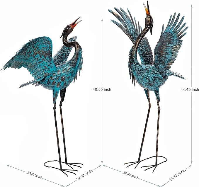Natelf Garden Crane Sculptures & Statues, Blue Heron Decor Outdoor Large Bird Yard Art, Standing Metal Heron Lawn Ornaments for Home Patio Porch Backyard Decorations(Set of 2)