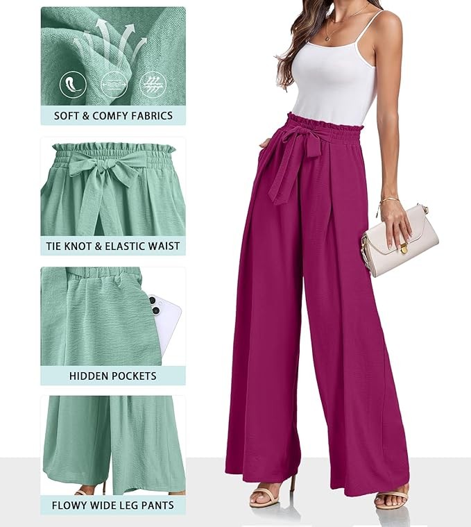 Lepunuo Wide Leg Pants for Women High Waisted Palazzo Pants Work Casual Flowy Tie Knot Trousers with Pockets