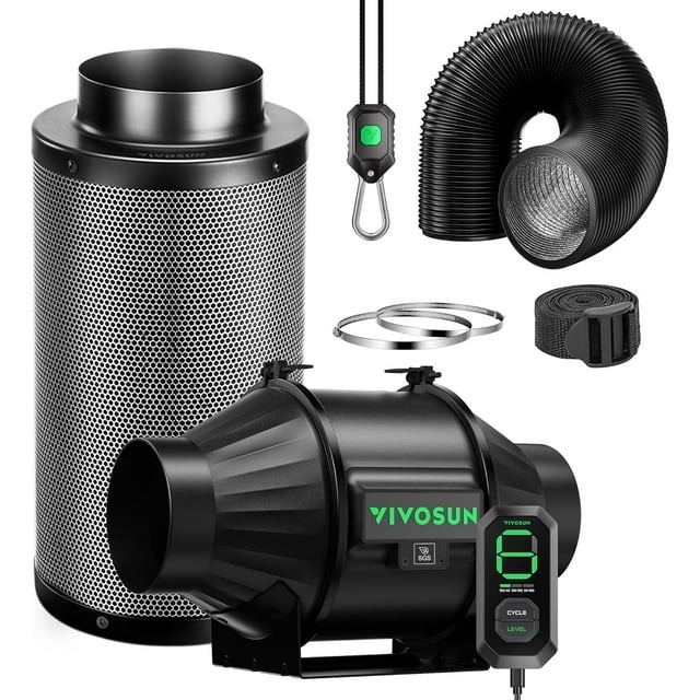VIVOSUN Smart Air Filtration Pro T4 Kit 4", AeroZesh T4 Inline Duct Fan with E12 Speed Controller, Carbon Filter & 8' Ducting, Cooling & Ventilation System