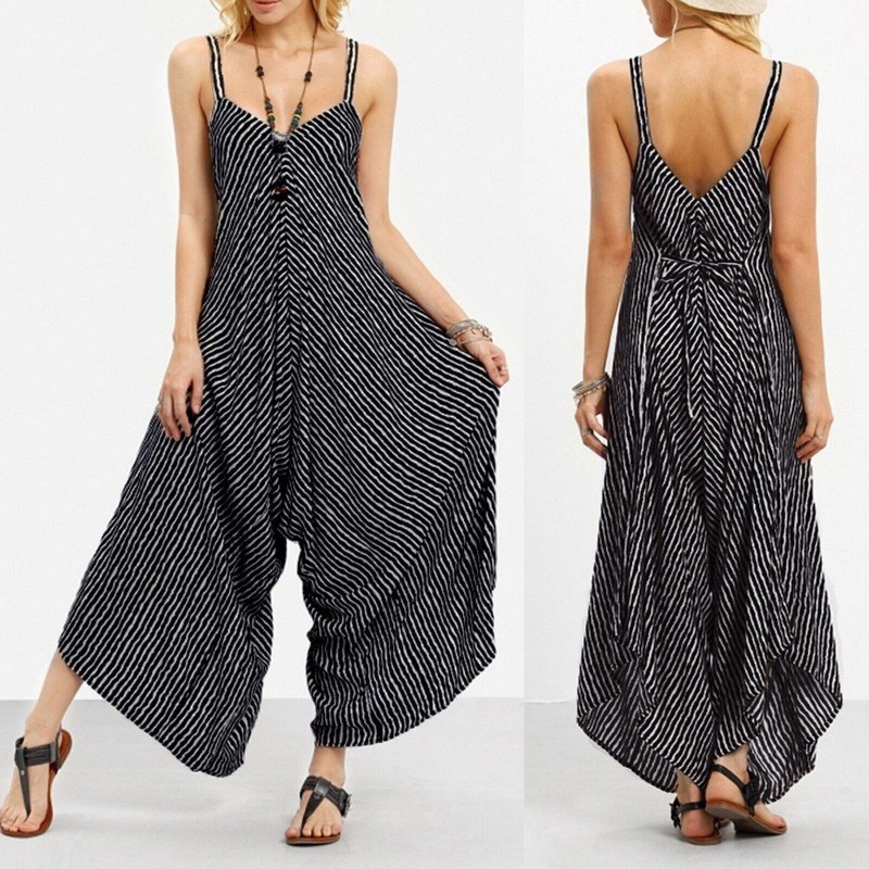 Women's Striped Printed Suspenders Loose One-piece Wide Leg Pants Jumpsuit