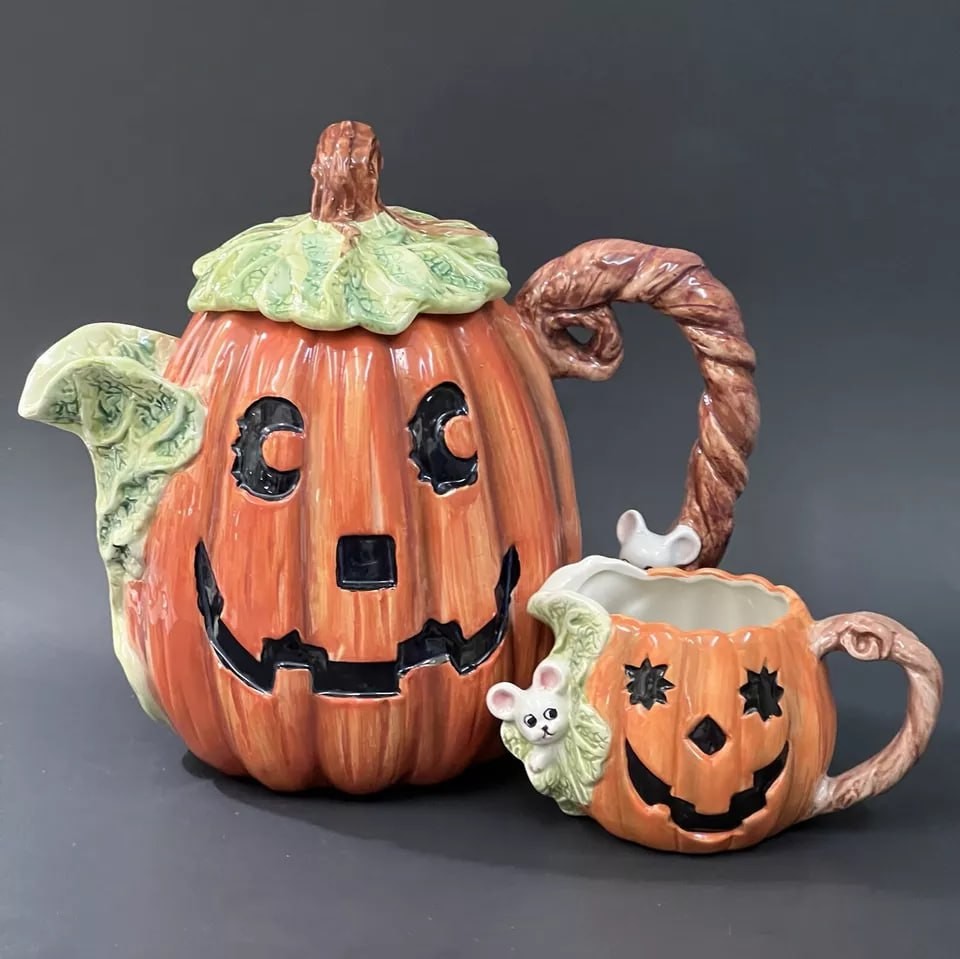 VTG 1989 Fitz Floyd OCI Omnibus PUMPKIN MOUSE Figural Tea Pot w Lid and Creamer