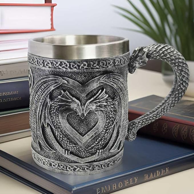 Dungeons and Dragons Gifts for Men/Women,Dnd Gaming Mugs-Novelty Gothic Game of Thrones Dragon Mug Cup for Medieval Party Decorations and Lovers-Stainless Beer Tankard Mug Double Dragon Coffee Mug