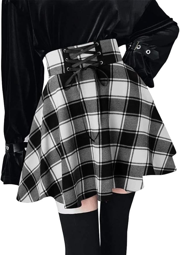 IDEALSANXUN Gothic Plaid Mini Skirts for Women 2024 Short High Waist Plaid Skirts