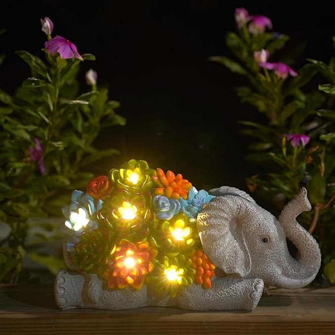Elephant Statue with Succulent for Garden Decor: Solar Outdoor Sculptures Clearance for Outside Lawn Ornaments – Porch Patio Balcony Front Yard – Birthday Gifts for Mom Grandma Women