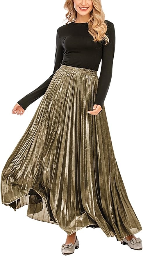 CHARTOU Women's Premium Metallic Shiny Shimmer Accordion Pleated Long Maxi Skirt