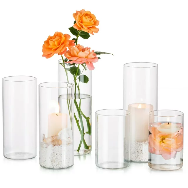 Glasseam Glass Cylinder Vase in Bulk for Wedding Centerpieces 2.4" Dia x（4"+6"+8")Tall Clear Hurricane Floating Candle Vases Set of 6
