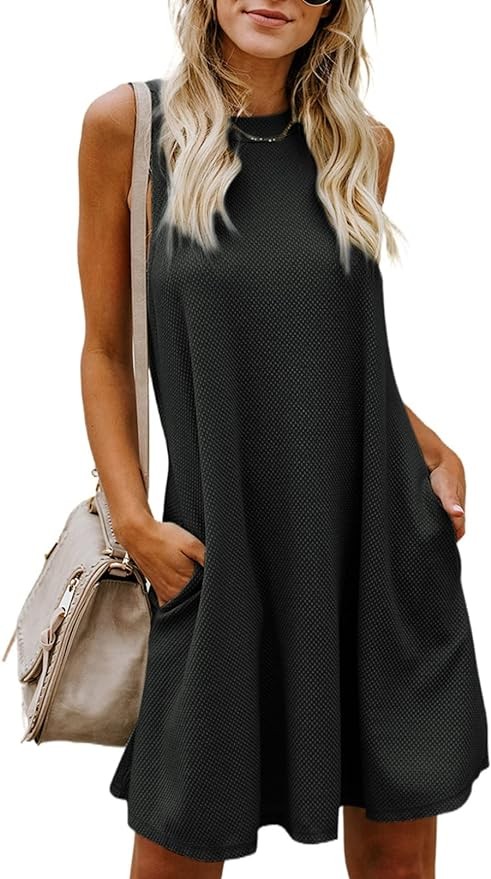 Dokotoo Womens 2023 Summer Dress Sleeveless Crew Neck Mini Tank Dress Short Flowy Sundress with Pockets
