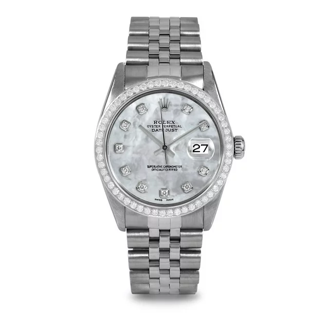 Pre-Owned Rolex 16014 Men's 36mm Datejust Wristwatch Mother of Pearl Diamond (3 Year Warranty)