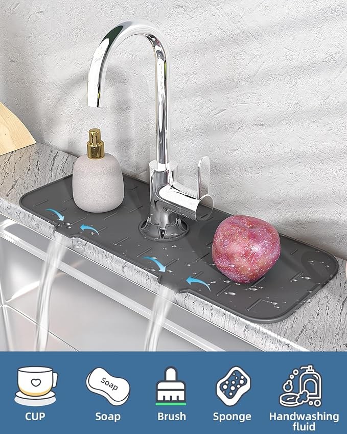 Kitchen Sink Splash Guard - Silicone Faucet Handle Drip Catcher Tray, Dish Soap Dispenser and Sponge Holder Mat Behind Faucet, Kitchen Guard Gadgets Sink Accessories for Kitchen Counter and Bathroom