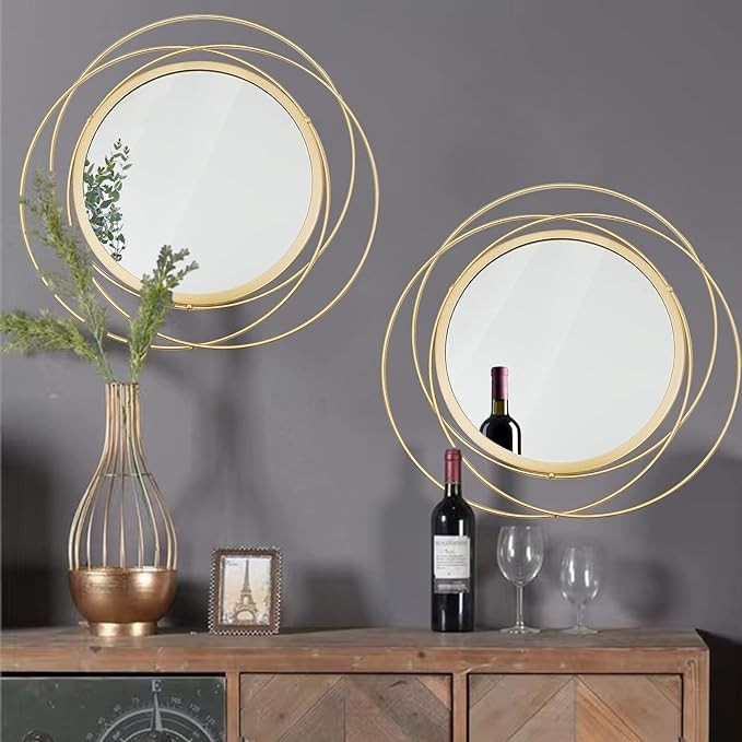 2 Set 15.7'' Gold Circle Mirrors Wall Decor Iron Frame Mirrors Art Round Home Hanging Mirrors for Living Room/Bedroom/Bathroom/Entryway (Medium Size 15.7 inch)