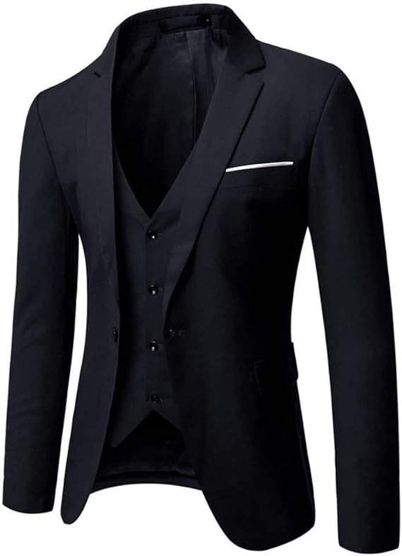 WULFUL Men’s Slim Fit Suit One Button 3-Piece Blazer Dress Business Wedding Party Jacket Vest & Pant