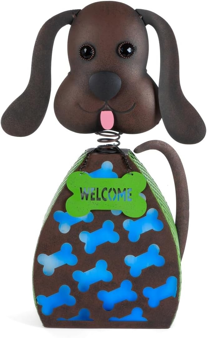 Way To Happiness Solar Metal Rustic Dog Garden Statue Powered Rechargeable Battery Blue Light Bobbling Head Brown Brushed Finish, 15 in Tall