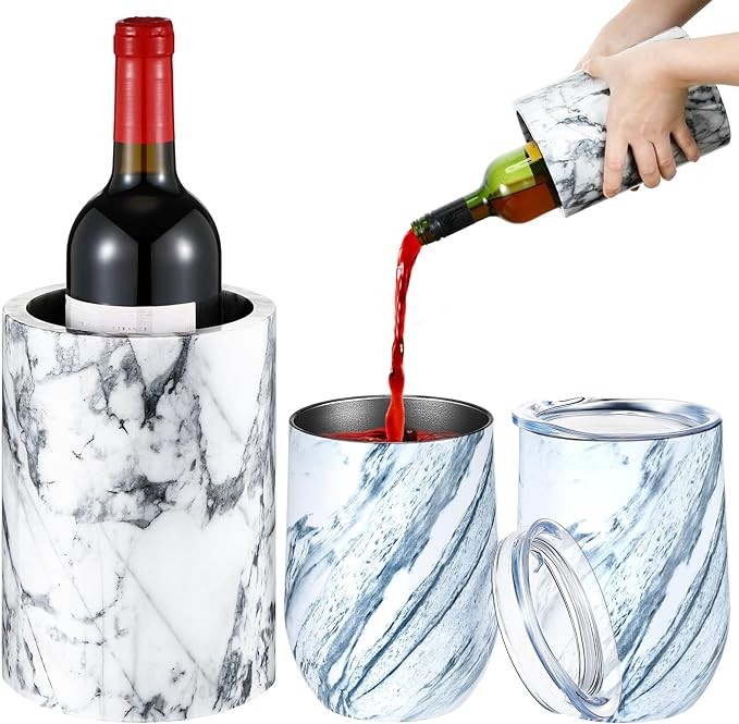Baderke Marble Wine Cooler with 2 Marble Stainless Steel Wine Cup Wine Chiller Portable Wine Bottle Chiller Beverage Chiller Wine Accessories for Wine Lovers Parties Dinner Keep Wine Beverages Cold