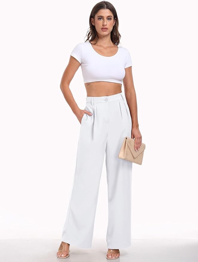 ELLEVEN Women's Casual Wide Leg Dress-Pants, High Elastic Waisted in The Back Business Flowy Trousers with Pockets