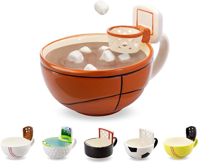 MAX'IS Creations The Mug with a Hoop Basketball Mug Novelty Hot Chocolate Coffee Mug w Mini Hoop Sports Cereal Bowl Coach Gift Basketball gifts for Boys 8-12 12-14 Basketball Accessories 16oz