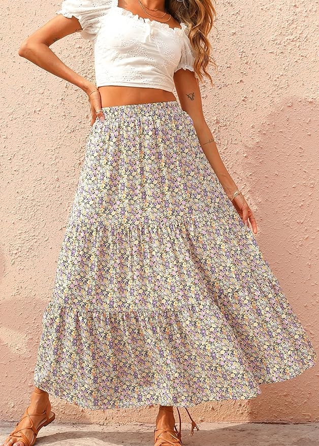KIRUNDO Womens 2024 Spring Summer High Waist Boho Floral Maxi Skirt Casual Flowy Swing Pleated A Line Beach Long Skirts