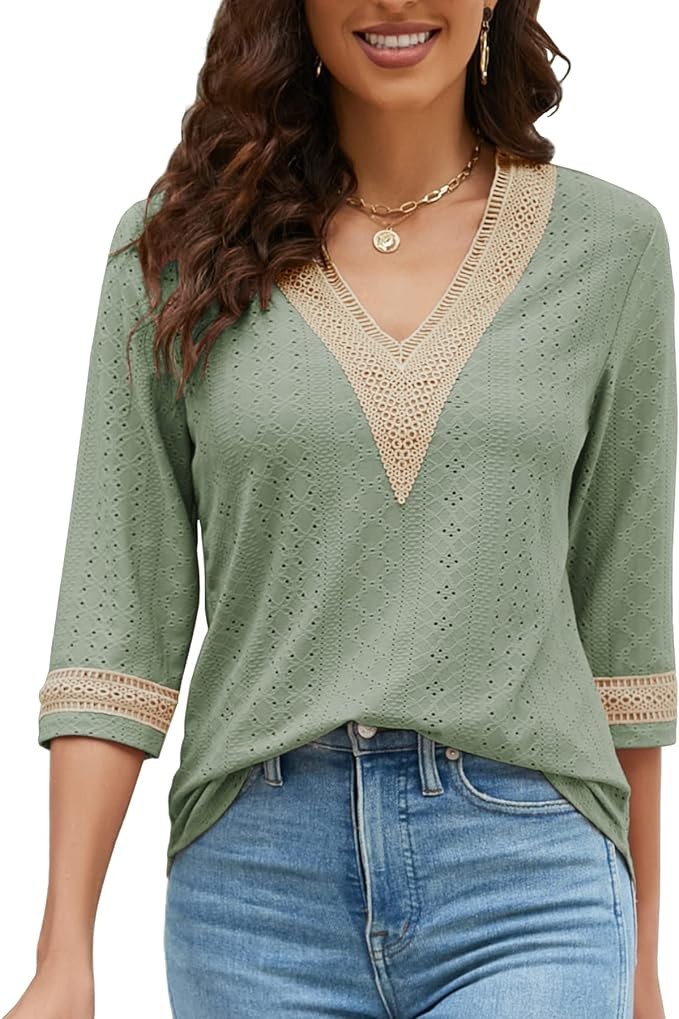 LIOFOER Women's Casual 3/4 Sleeve Shirts Lace V Neck Color Block Dressy Tops Trendy Hollow Floral Blouses T Shirts S-XXL
