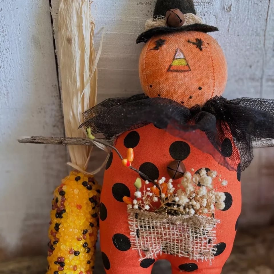 Primitive Pumpkin Man Halloween Decor, Handmade Folk Art Jack O Lantern