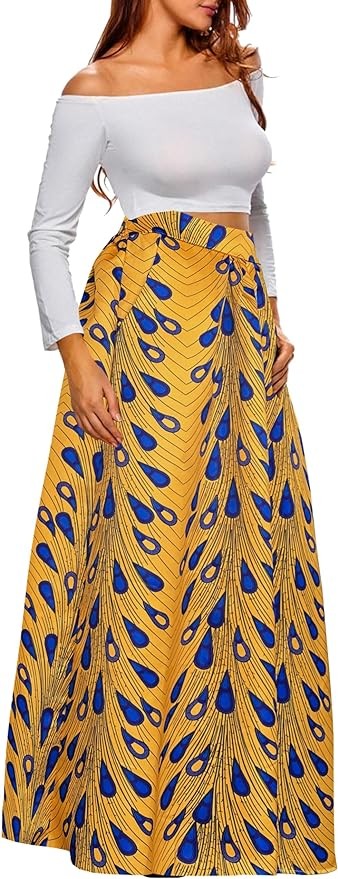 Afibi Women African Printed Maxi Skirt Flared Skirt A Line Long Skirts with Pockets S-5XL