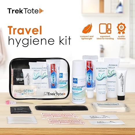 TrekTote 15-Piece Travel Toiletry Convenience Kit - Personal Care Travel Hygiene Essentials Bag with Unisex Toiletries. TSA-Approved Travel Size Kit for Men and Women with Essential Toiletries.