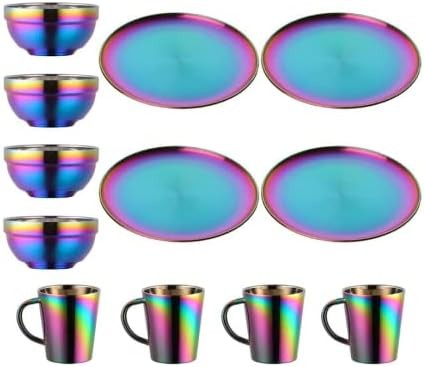 Dinnerware Sets Plates And Bowls Espresso Cups, Stainless Steel Dishes Pasta Bowls Insulated Coffee Mugs Set of 4, 12 Pcs Kitchen Essentials For Home Apartment Wedding Buyer Star, Rainbow