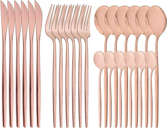 Snplowum 24-Piece Mirror Copper Polished Flatware, 18/0 Stainless Steel Dinnerware Set Include Knife Fork Spoon Teaspoon Cutlery Set For Home Restaurant and Party Service For 6, Dishwasher Safe