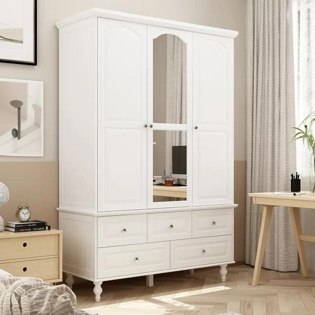 DiDuGo 3-Door Wardrobe Armoire Closet with 5 Drawers and Hanging Rod plus Mirror, White